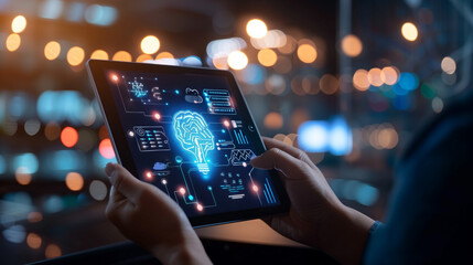 AI, data science, digital technology concept. Computer programmer using digital tablet with AI machine learning, data management system, cloud computing technology, software development