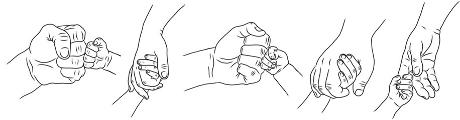set of vector illustrations in line art of father and son, father's day celebration background, father and son hands, hands in fist, father holding son hands