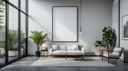 frame mockup, ISO A paper size. Living room wall poster mockup. Interior mockup with house background. Modern interior design. 3D render 