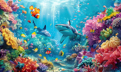 Fototapeta na wymiar A colorful coral reef bustling with fish and a shark in clear blue waters. Generate AI