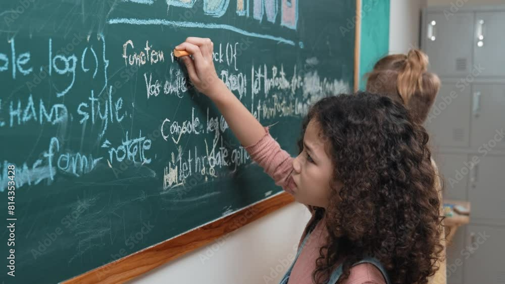 Poster american student studying coding engineering prompt while writing answer on blackboard. intelligence