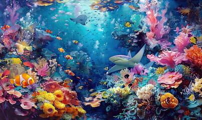 Naklejka na ściany i meble A colorful coral reef bustling with fish and a shark in clear blue waters. Generate AI