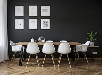 White chairs around a wooden dining table in a minimalistic living room with a black wall and posters on it