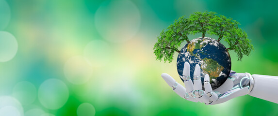 Growing tree on Earth in Robot hand. Green background. Artificial Intelligence, World mental health and World earth day. Elements furnished by NASA. Saving environment and World Ecology Concept.