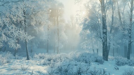 Winter Woodland with Snow covered Trees in a Pale Fog. Seasonal Banner.