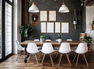 White chairs around a wooden dining table in a white room with a black wall and posters on it