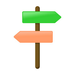 3D vector illustration of directional signposts with arrows. Choose your path with these realistic signboards on wooden poles. Blank templates on white background.