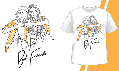 Girls illustration with best friends forever slogan. Vector graphic design t-shirt. Cute Smiley girls enjoying moment vector line art design.
