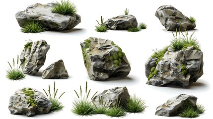 A set of realistic rocks with grass isolated on a white background