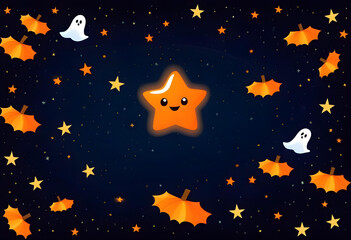 A Halloween-themed illustration with flying starts and ghost in a starry sky
