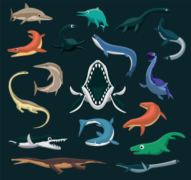 Sea Monsters Dinosaur Prehistoric Reptiles Cartoon Vector Set