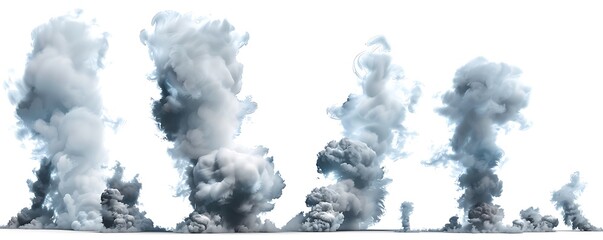 A series of photorealistic smoke clouds in various sizes and shapes, against an isolated white background. 