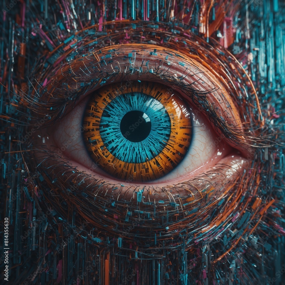 Poster close up of human eye with digital glitch effect. 3d rendering