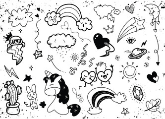 Black and White Hand Drawn Doodles of Cute Elements.