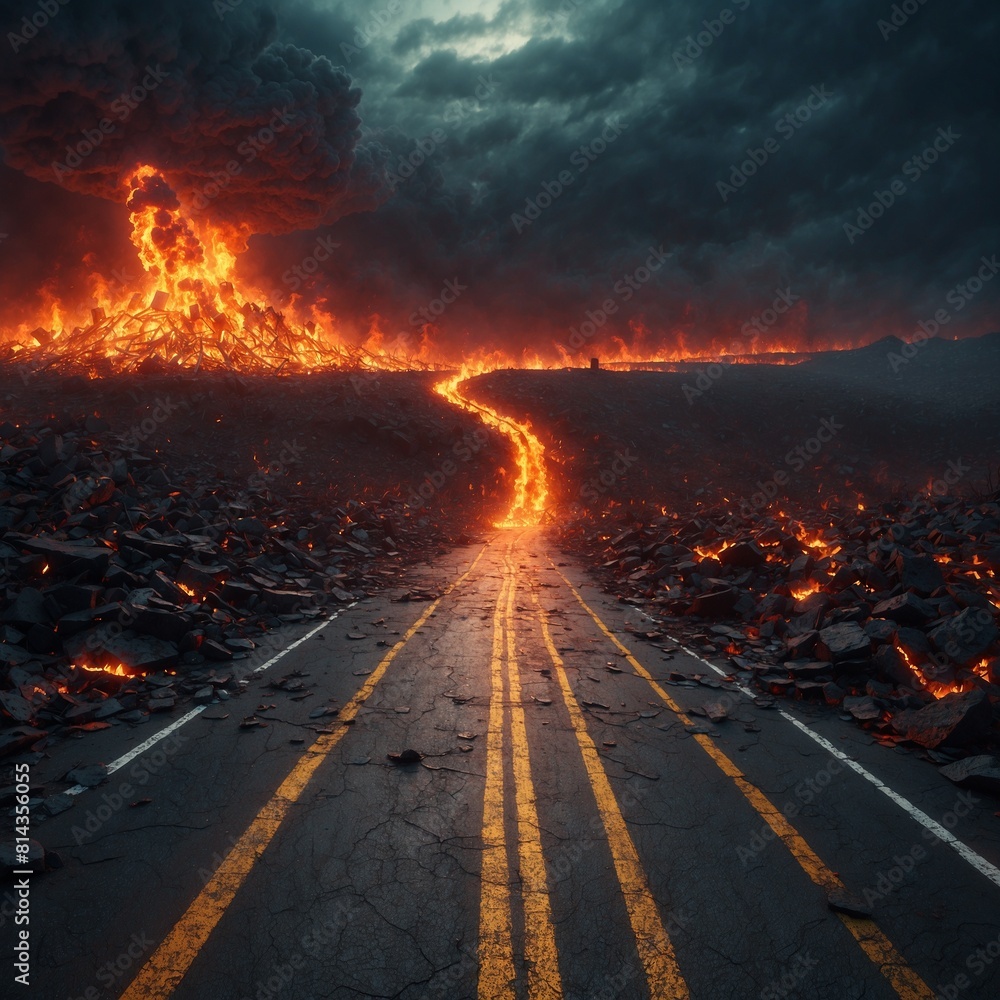 Poster volcano eruption in the middle of the road. 3d rendering