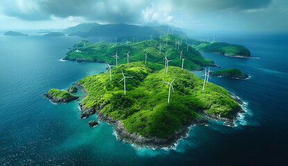 The aerial view of secluded islands with green vegetations built with many white windmills to generate power for the connected mainland