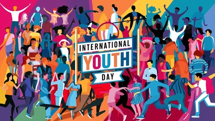 International Youth Day illustration. group of energetic young people come together in a celebration for International Youth Day.