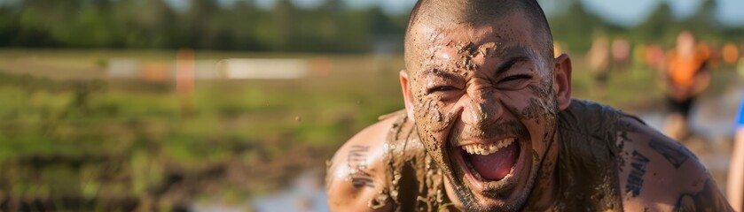 An epic mud run obstacle course adventure, capturing the laughter and camaraderie of participants in a viral challenge event