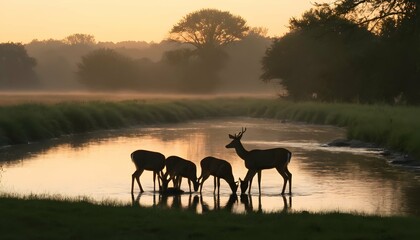 Fototapeta na wymiar A family of deer drinking from a tranquil river at