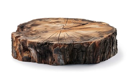A large round tree stump with visible wood grain and cracks isolated on a white background.