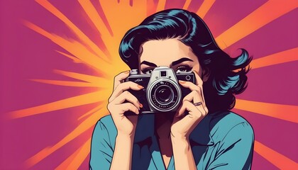 Illustrate a pop art girl with a vintage camera c upscaled_3