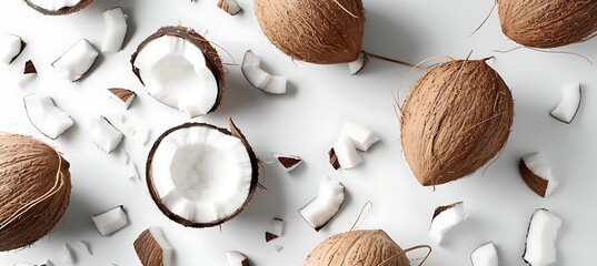 A falling coconut with opened and half coconuts on a white background,