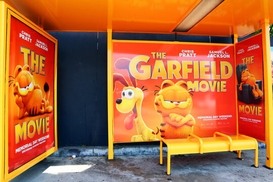 Los Angeles, California &ndash; May 13, 2024: Metro Bus Stop with graphic of The Garfield for the presentation of the Movie