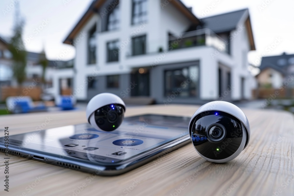 Poster modern security technology in smart homes uses cameras for boundary security and remote access to co