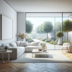 Naklejka premium A living room with a template mockup poster empty white and with a large window art photo attractive.