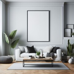A living room with a template mockup poster empty white and with a white couch and a coffee table art attractive harmony lively.