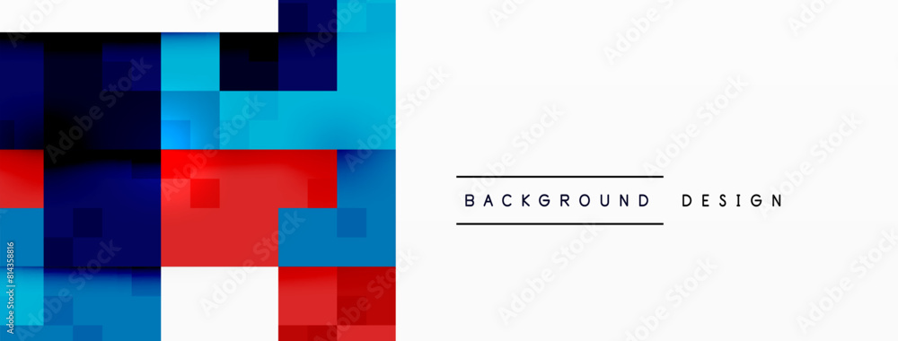 Poster an electric blue, magenta, and white background with rectangles on a white backdrop, forming a patte