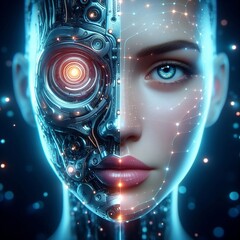 Half woman half robot face, animated.