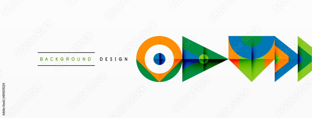 Poster An artistic logo designed with colorful triangles, rectangles, circles, and arrows symbolizing different directions. The graphic showcases symmetry and creativity, making it a strong branding tool