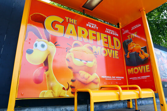 Los Angeles, California &ndash; May 13, 2024: Metro Bus Stop with graphic of The Garfield for the presentation of the Movie