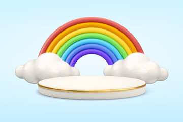 Rainbow podium vector 3d background. Cute children product display, platform and clouds baby sale banner