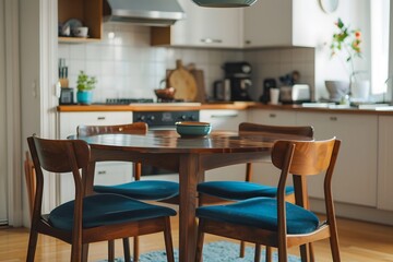 Round wooden dining table and blue chairs. Scandinavian, mid-century home interior design of modern dining room.
