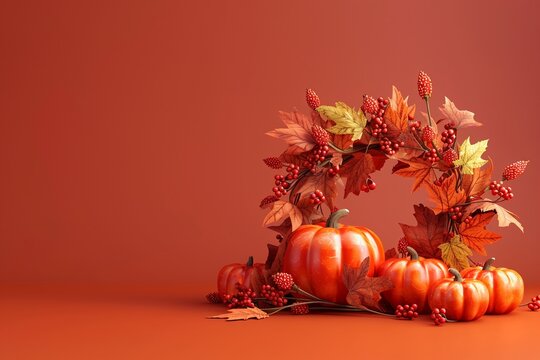 Pumpkin and leaf wreath flat design side view autumnal wreath theme 3D render Splitcomplementary color scheme