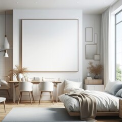 Bedroom sets have template mockup poster empty white with a large picture frame image art photo lively has illustrative meaning.