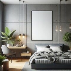 Bedroom sets have template mockup poster empty white with Bedroom interior and a desk and plants art photo photo has illustrative meaning has illustrative meaning.