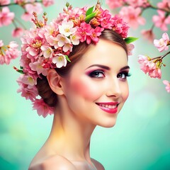 Naklejka premium young lady with glow flowers crown,glow flowers crown, flowers crown,young woman,young lady,flowers hat,fairy crown,fashion hat,hat model