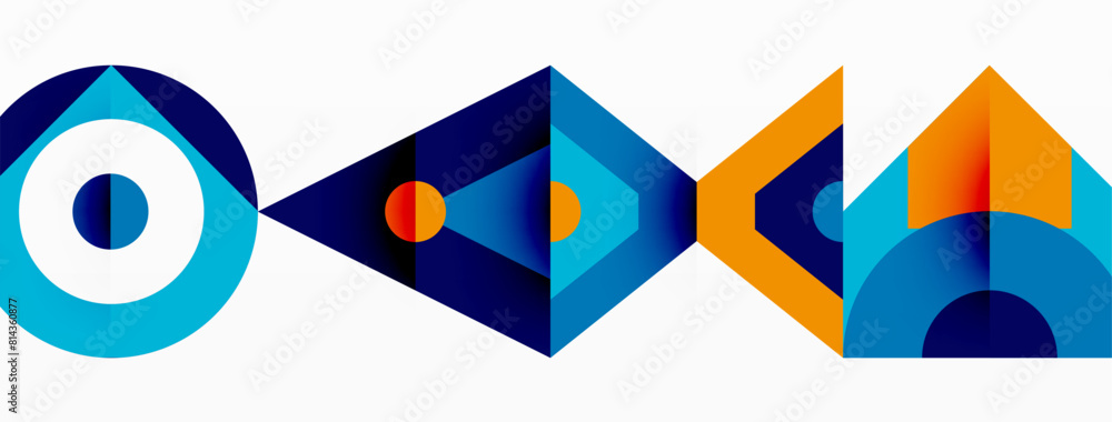 Poster a pattern of electric blue and orange rectangles and triangles creating a symmetrical design on a wh