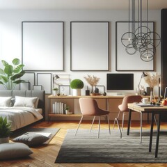 Bedroom sets have template mockup poster empty white with Bedroom interior and a desk photos art used for printing card design.