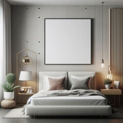 Bedroom sets have template mockup poster empty white with Bedroom interior and a framed picture above it image art photo photo lively.