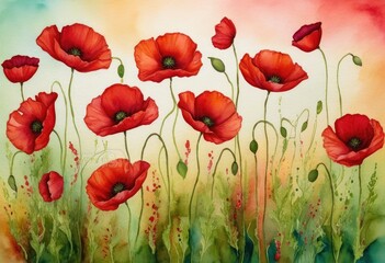 Obraz premium Illustrate a field of poppies in full bloom, with petals ranging from deep crimson to bright scarlet, set against a gradient background that mirrors the stages of floral development from budding green