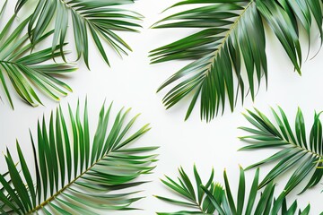 Obraz premium green palm leaf branches on white background. flat lay top view