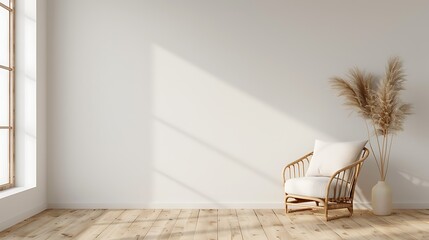 White wall mockup in a modern living room interior with a wooden floor and armchair, a minimalist design of home decor