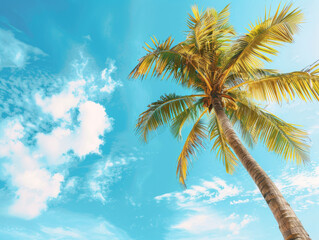 low angle view of beautiful coconut tree over blue sky, fluffy cloud, copyspace area for text - ai