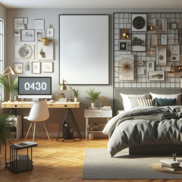bedroom with Bedroom interior and a desk and a computer art realistic photo has illustrative meaning used for printing.
