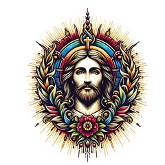 Fototapeta premium jesus christ religious imageswork of a man with a cross and flowers image art realistic attractive has illustrative meaning illustrator.
