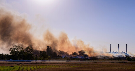 rubbish pile fire with horses in the foreground and power station in the background inGladstone,...